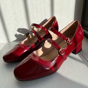 Red Two Strap Block Heel Mary Janes